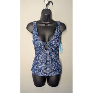 NWT Sol Borne Tankini Swim Top Women Size Medium Blue Pattern Adjustable Straps